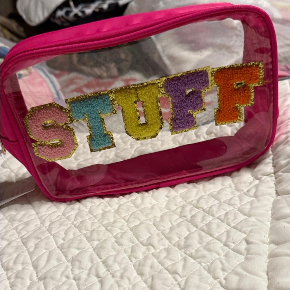 Vibrant Pink Women’s Pouch with Colorful 'STUFF' Design - Picture 3 of 7